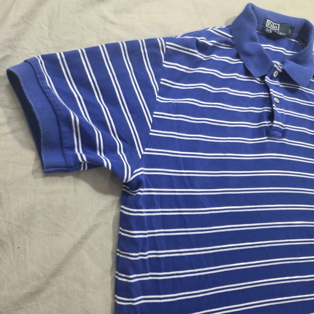 Polo Ralph Lauren Striped Polo Shirt Mens L Blue White‎ Pony Logo Short Sleeve